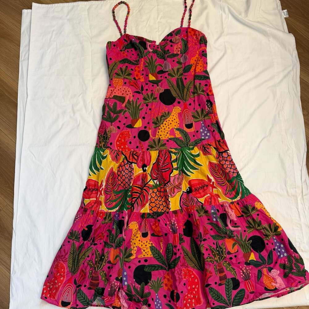 FARM Rio Pop Leopards Mixed Midi Dress Size XL Pink Tropical